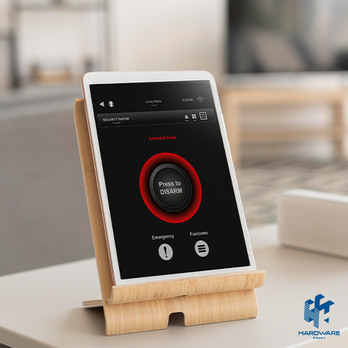 Smart home alarm system installed in modern living room providing reliable security and real time alerts.