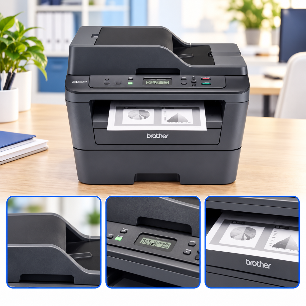 Printing, Copying & Scanning Laser printing keeps text sharp and consistent, which is what you want for everyday business documents. Print quality goes up to HQ1200 (2400 × 600 dpi), and automatic duplex means longer documents print on both sides with no extra steps. For copying and scanning, put up to 35 sheets in the ADF and let it run. The flatbed glass is there for single pages, books or anything that doesn't go through the feeder. Printing, Copying & Scanning Laser printing keeps text sharp and consistent, which is what you want for everyday business documents. Print quality goes up to HQ1200 (2400 × 600 dpi), and automatic duplex means longer documents print on both sides with no extra steps. For copying and scanning, put up to 35 sheets in the ADF and let it run. The flatbed glass is there for single pages, books or anything that doesn't go through the feeder.