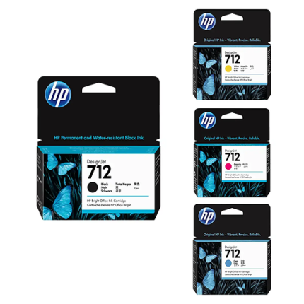 HP 712 Original DesignJet Ink Cartridges 4-Color Bundle – Black 38 ml 3ED70A, Cyan 3ED67A, Magenta 3ED68A, Yellow 3ED69A